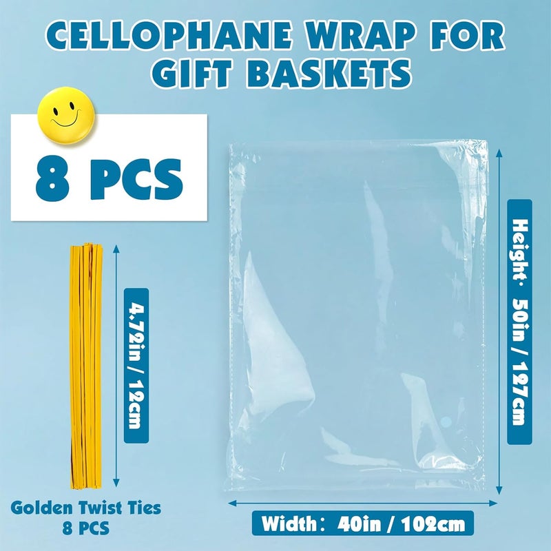 NUITPY 8 Pcs Large Cellophane Bags, 40 x 50 Inchs Cellophane Wrap for Gift Baskets, Durable Plastic Gift Bag, Clear Basket Bag - Complimentary 8 Pcs Golden Twist Ties - Image 2